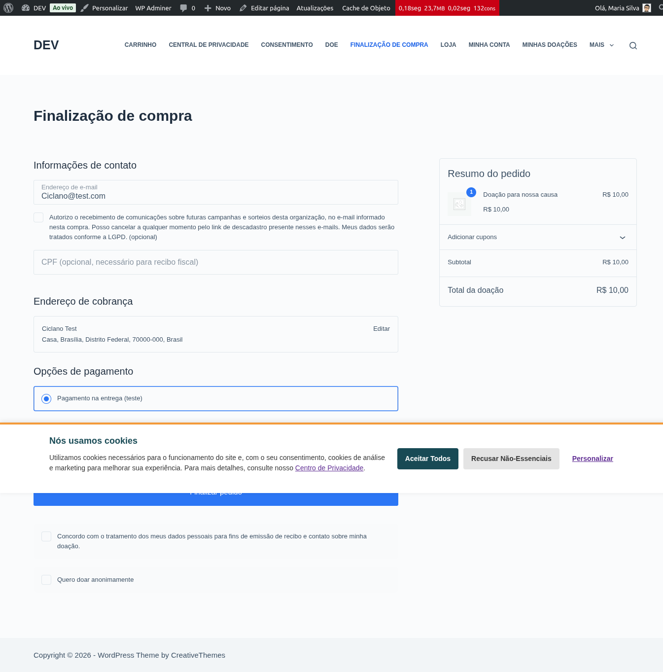 Checkout com CPF e consentimento LGPD