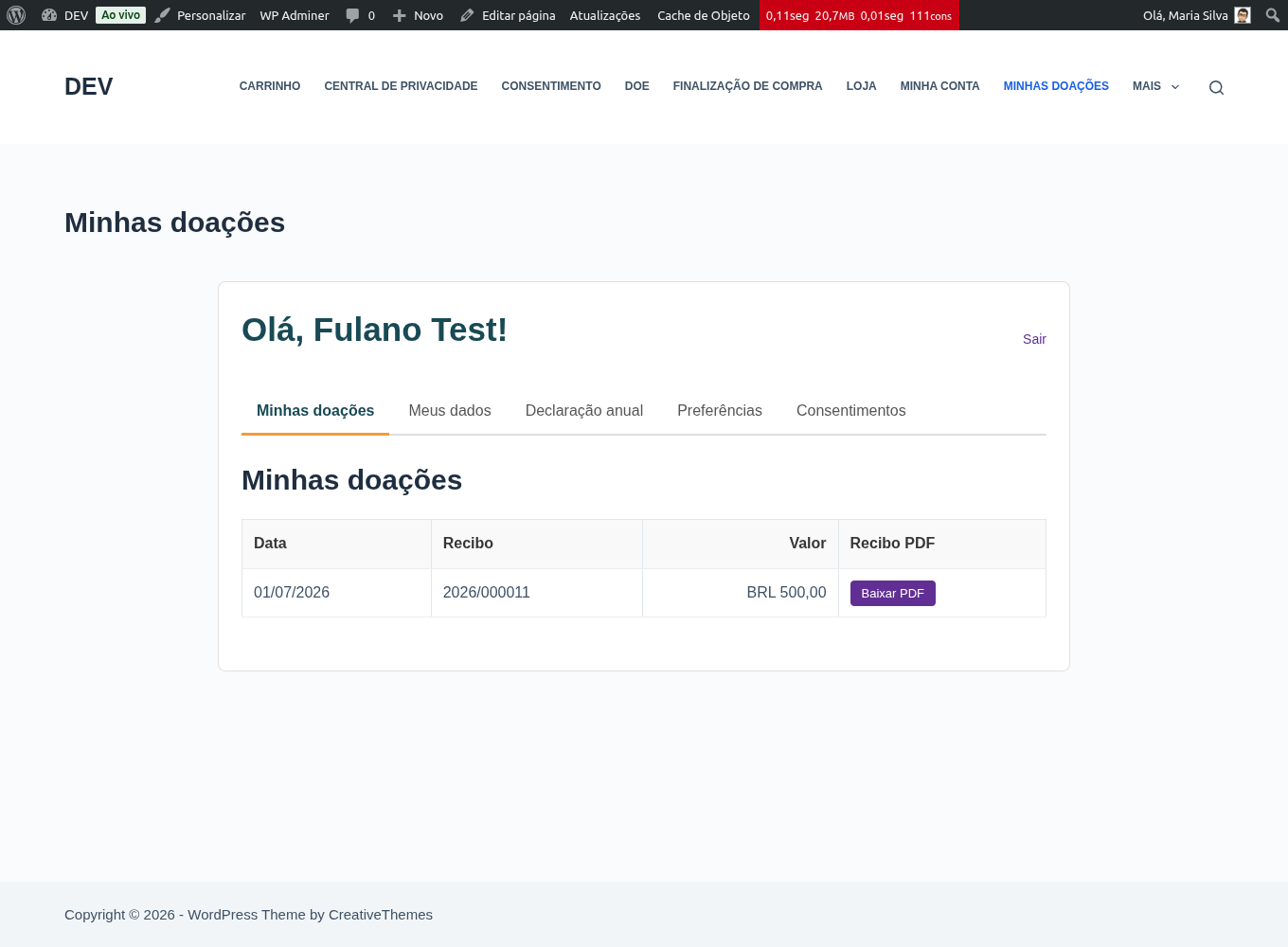 Painel do doador — baixar recibo