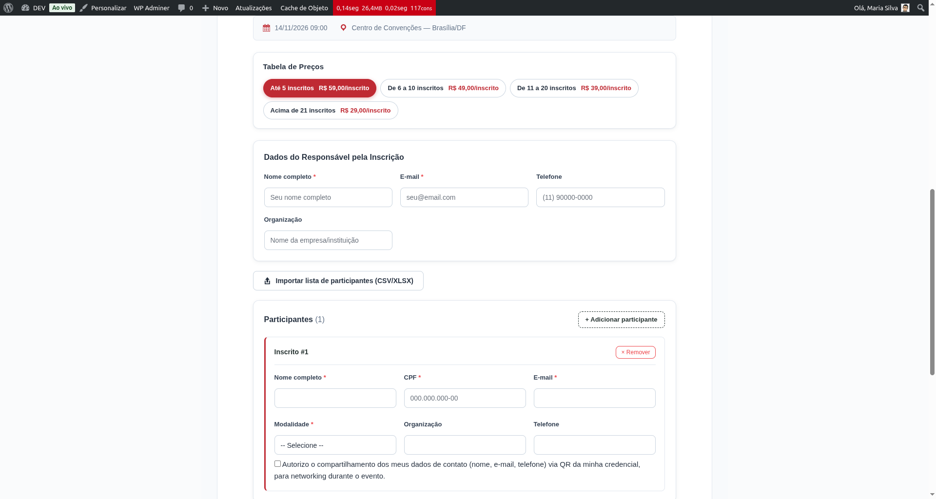 Formulário de inscrição em lote com preço ao vivo
