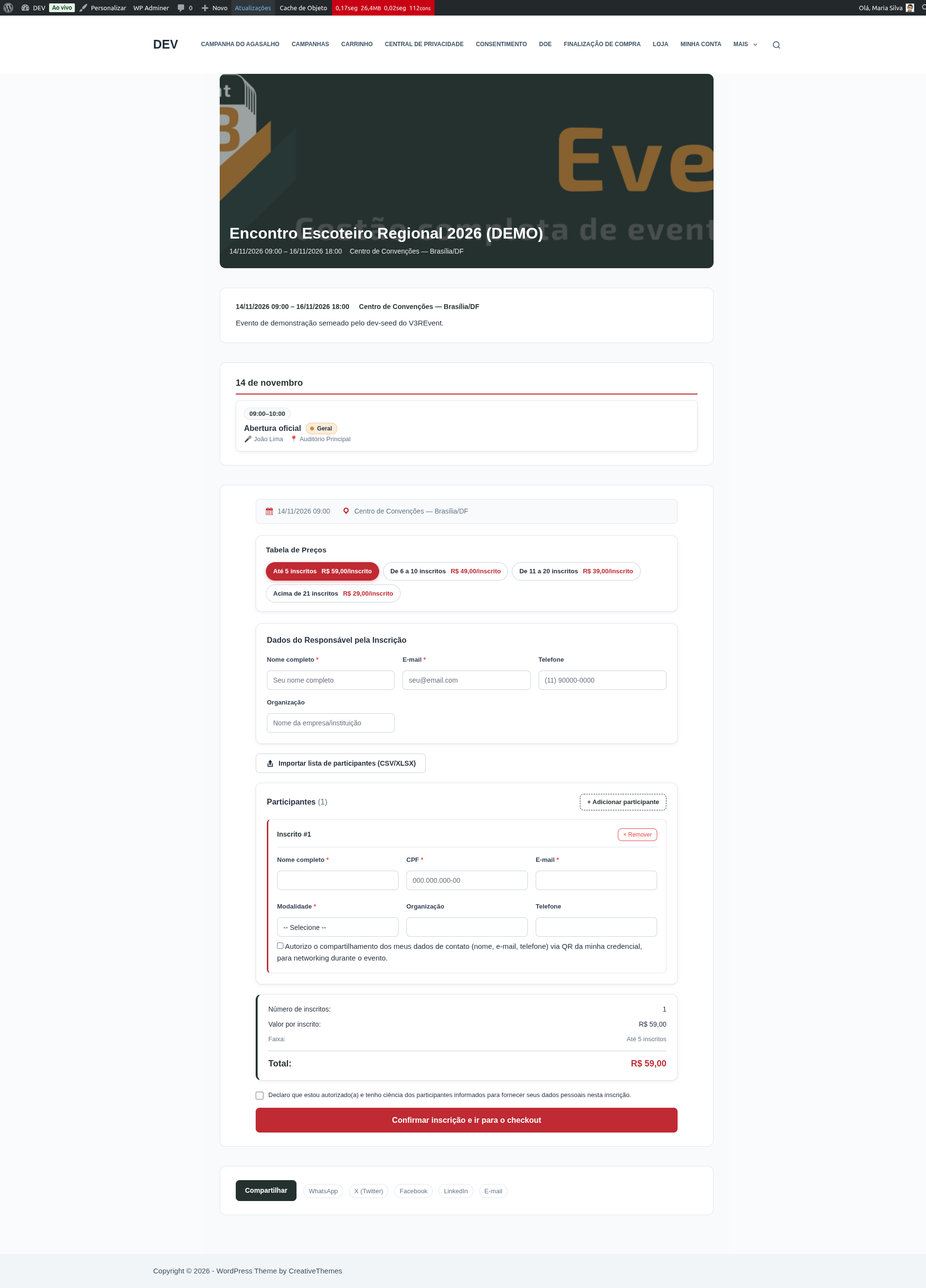 Página pública do evento — hero, informações e programação